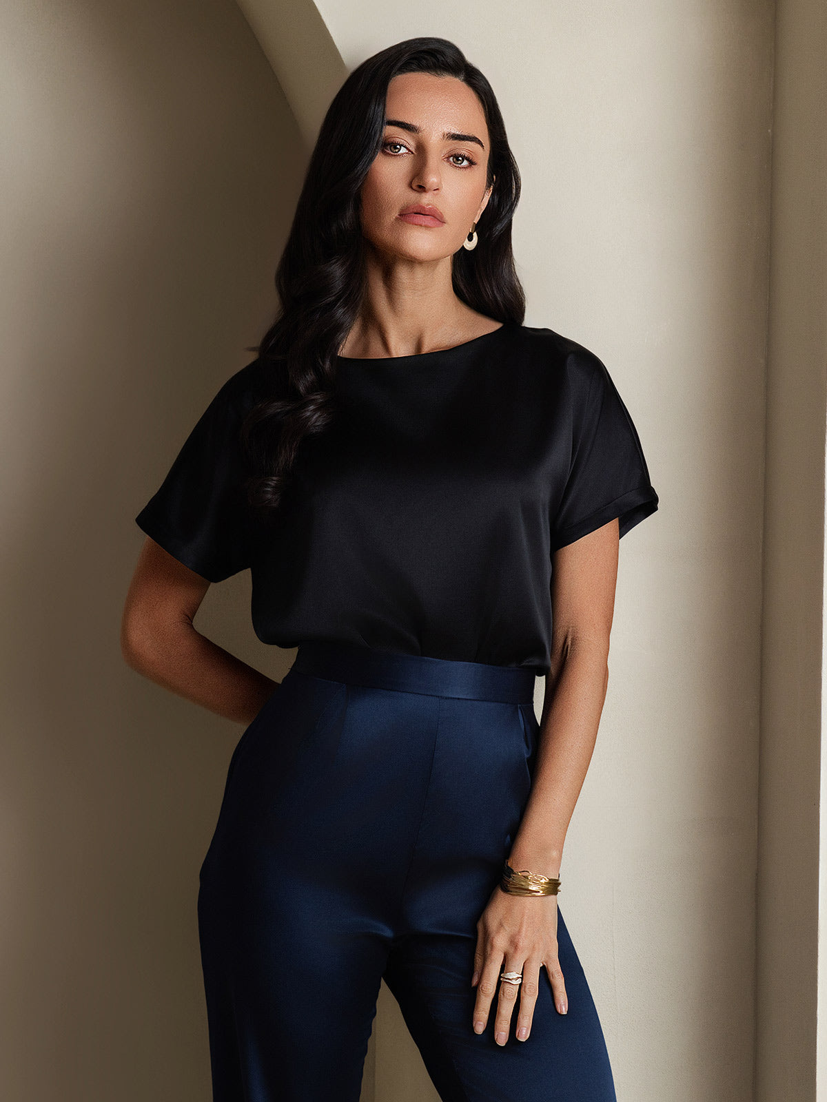 [Schwarz] SilkSilky-DE 19Momme Seide Womens T-Shirt 004