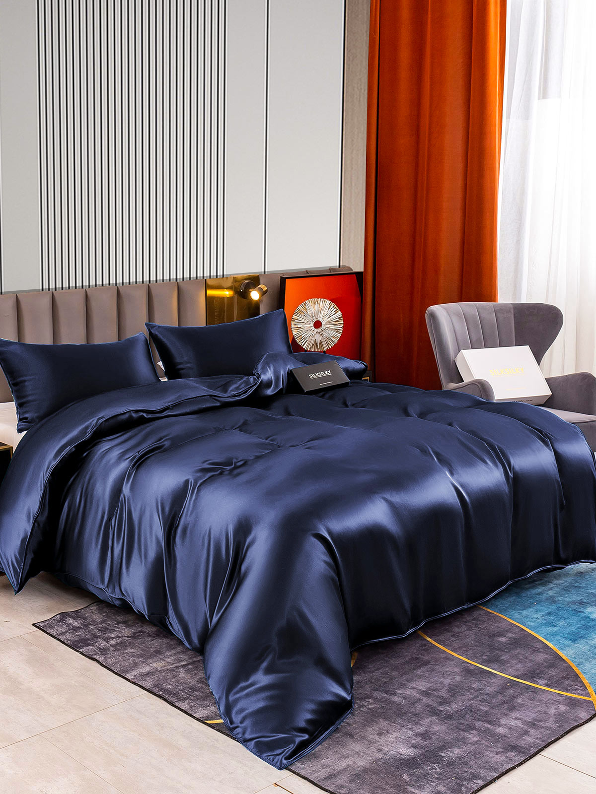 [Dunkelblau] SilkSilky-DE 22Momme Reine Seide Bedding Set 002