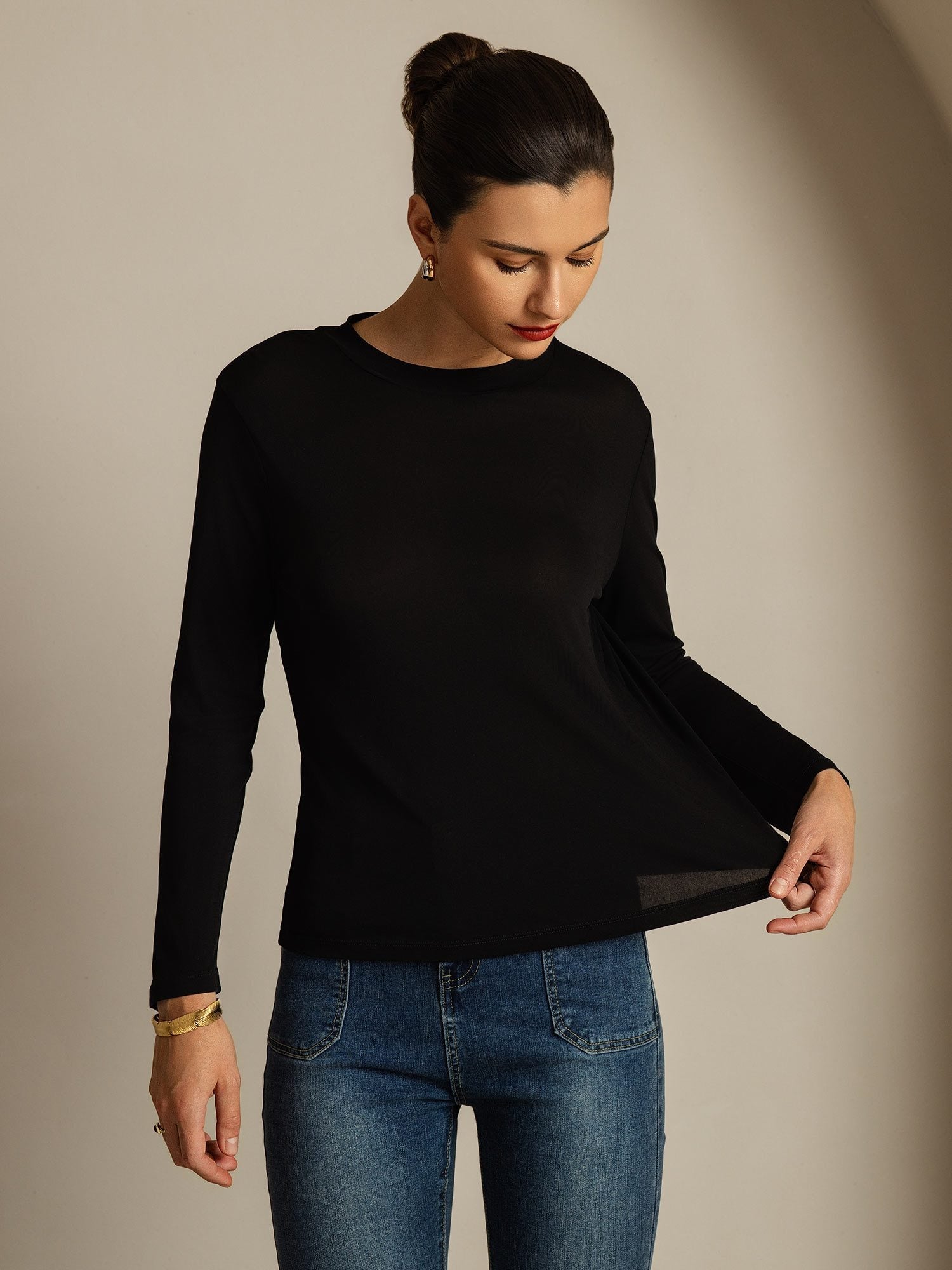 [Schwarz] SilkSilky-DE Reine Seide Womens T-Shirt 003