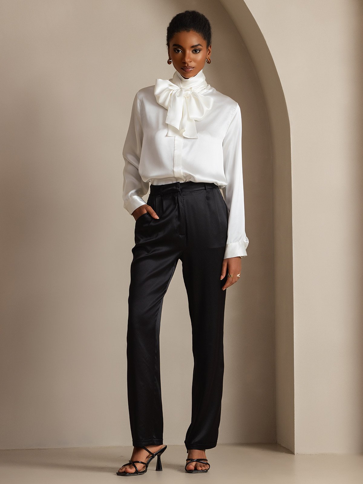 [Weiß] SilkSilky-DE 19Momme Seide Langärmelig Blouse 008