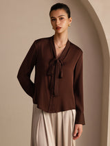 [Dunkle Schokolade] SilkSilky-DE Long Sleeve Tie Neck Damenblusen 003