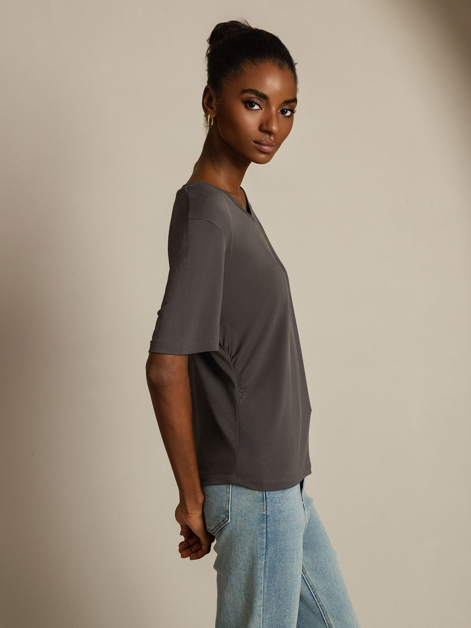 [Grau] SilkSilky-DE Reine Seide V Ausschnitt T-Shirt 003
