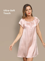 [Hellrosa] SilkSilky-DE Kappenärmel Eckiger Ausschnitt Nachthemden 001