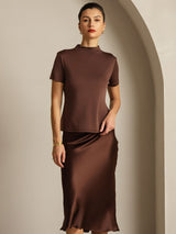 [Kaffee] SilkSilky-DE 100% Silk Jersey Short Sleeve Mock Neck T-Shirt 009