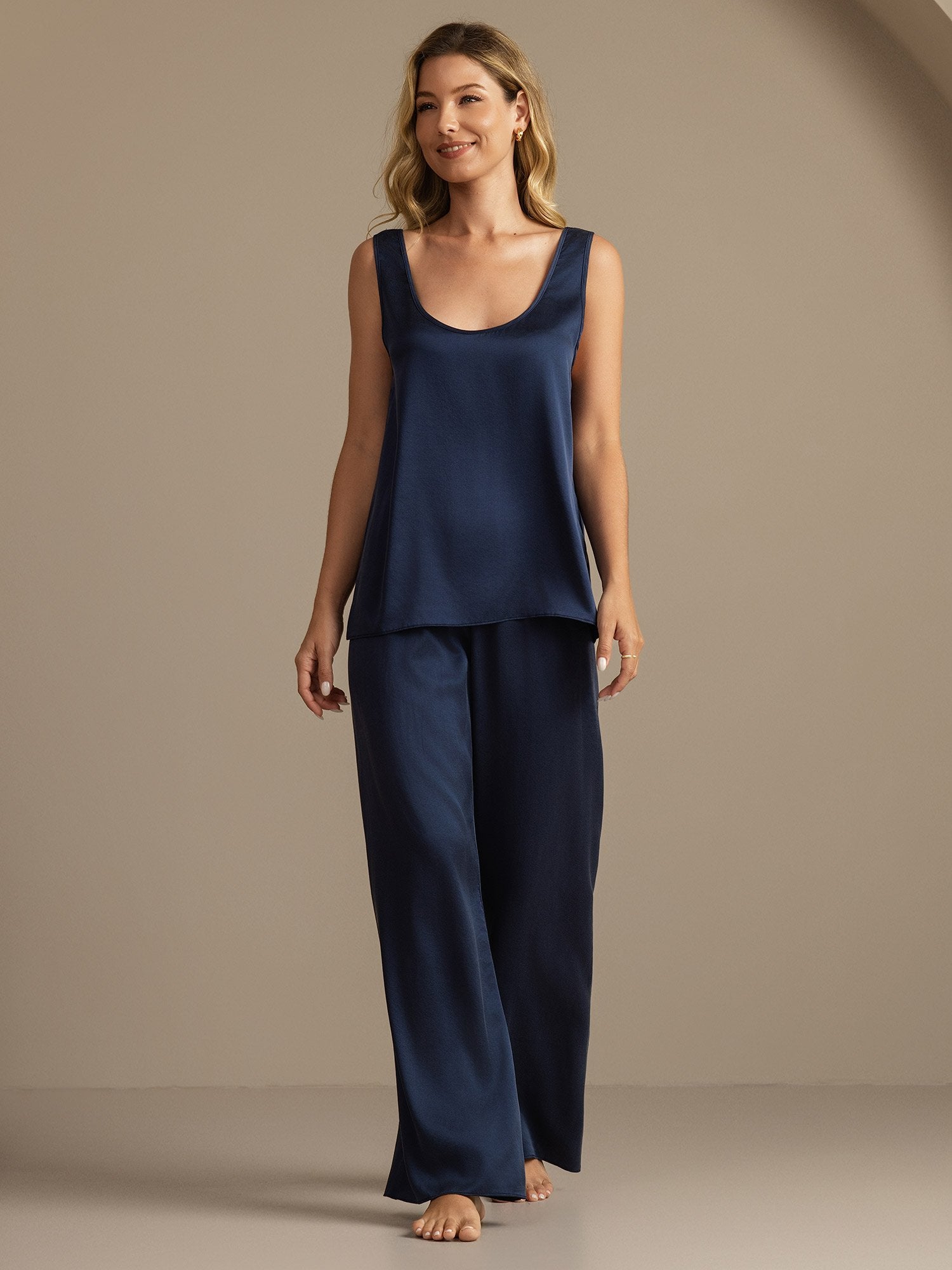 [Dunkelblau] SilkSilky-DE 19Momme Seide Womens Pajamas 006,