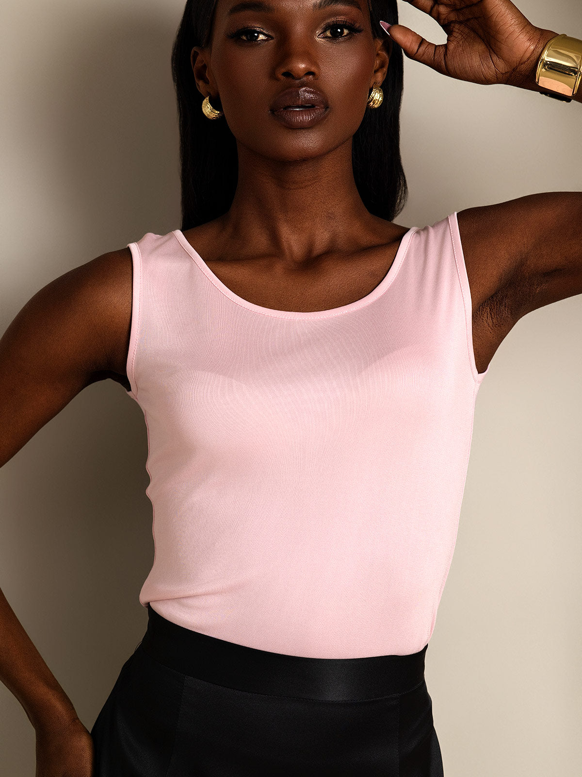 [Rosa] SilkSilky-DE Seidenstrick Ärmellos Rundkragen T-Shirt 003