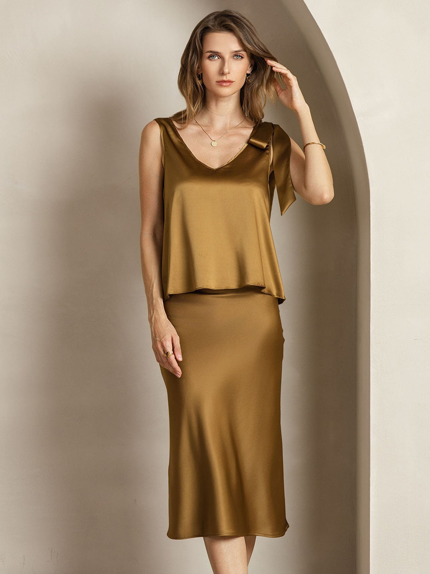 [Bronze] SilkSilky-DE 19Momme Seide V Ausschnitt Women''s Outfit Sets 004