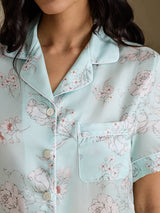[Himmelblau Blumen] SilkSilky-DE Short Sleeve Notch Collar Damen Pyjamas 005