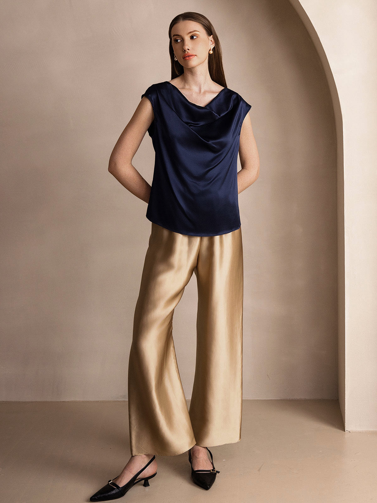 [Dunkelblau] SilkSilky-DE 19Momme Seide Womens T-Shirt 008