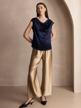 [Dunkelblau] SilkSilky-DE Cap Sleeve Cowl Neck T-Shirt 008
