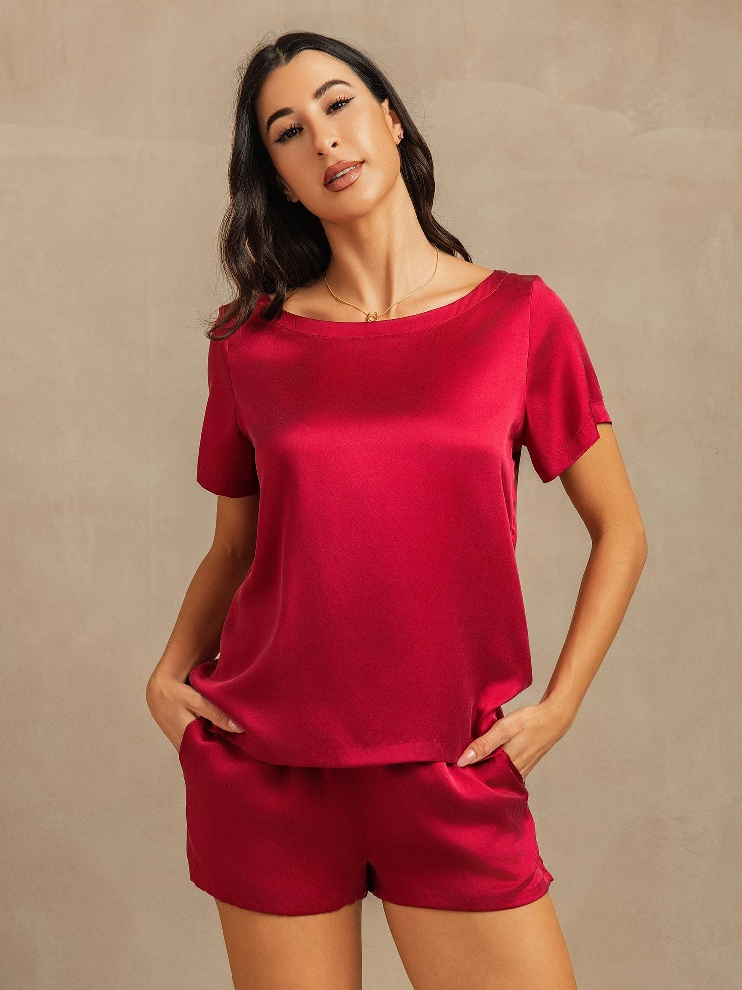 [Rotwein] SilkSilky-DE 19Momme Seide Womens Pajamas 001