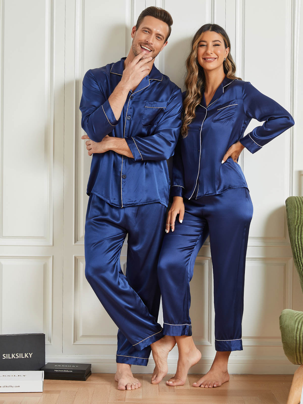 SilkSilky DE Reine Seide Langärmelig Couple Dunkelblau 001