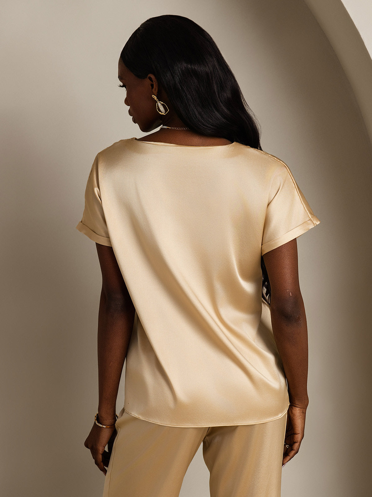 [Champagner] SilkSilky-DE 19Momme Seide Womens T-Shirt 002