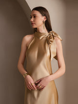 [Champagner] SilkSilky-DE 19Momme Stretch Silk Charmeuse Sleeveless Neckholder Kleider 004