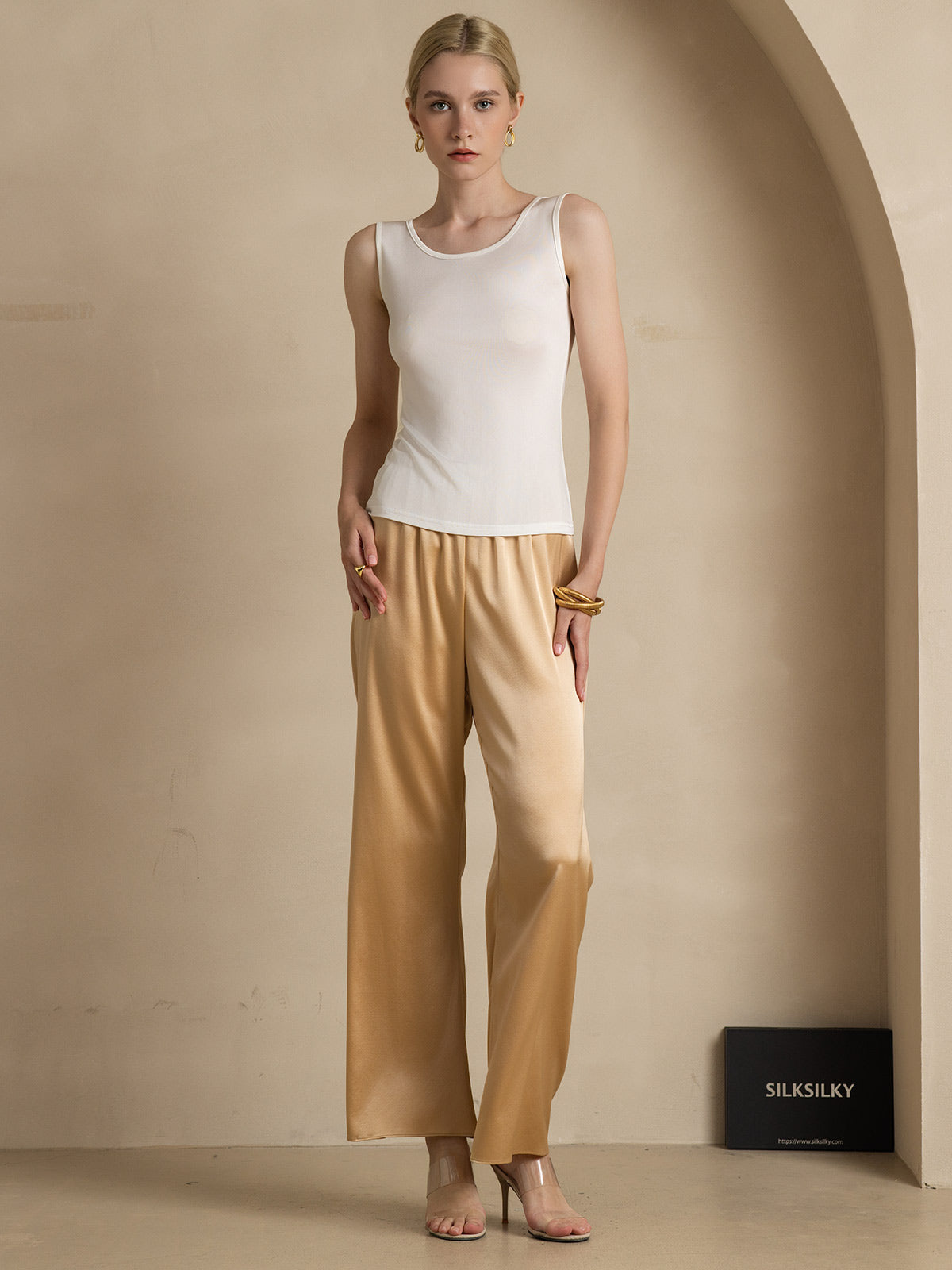 [Weiß] SilkSilky-DE Seidenstrick Ärmellos Rundkragen T-Shirt 006