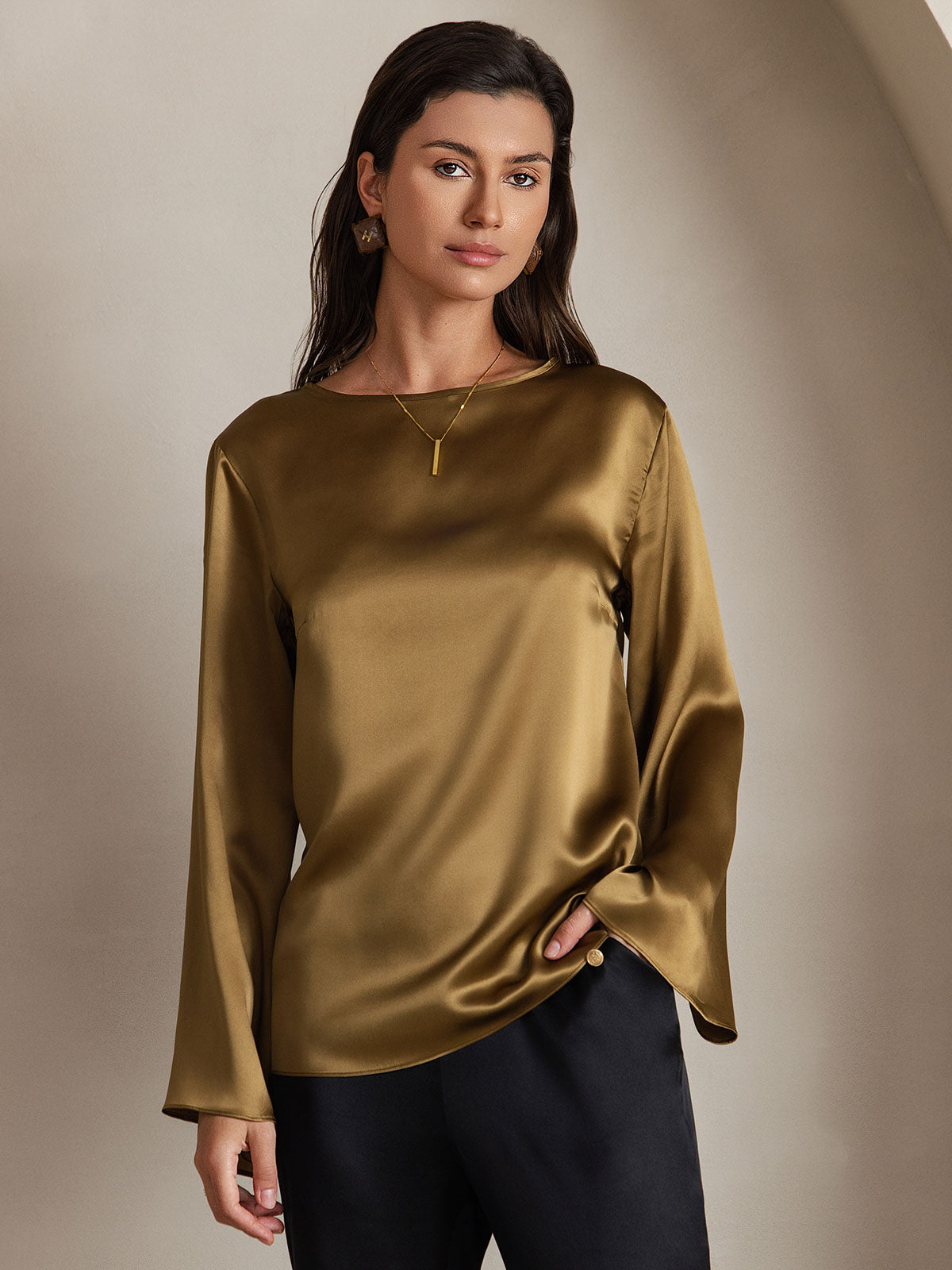 [Braun] SilkSilky-DE 19Momme Seide Womens T-Shirt 003