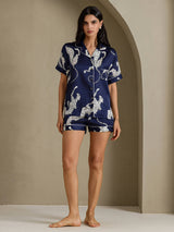 [Marineblauer Gepard] SilkSilky-DE Short Sleeve Notch Collar Damen Pyjamas 007