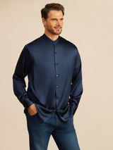 [Dunkelblau] SilkSilky-DE Long Sleeve Stand Collar Herrenhemd 006