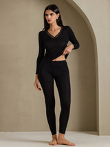 [Schwarz] SilkSilky-DE Long Sleeve V Neck Damen Lange Unterwäsche 004