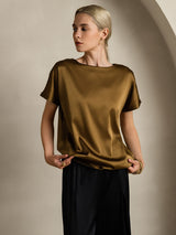 [Braun] SilkSilky-DE 19Momme Kurzärmelig U-Boot-Ausschnitt T-Shirt 004