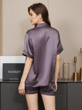 SilkSilky-DE Reine Seide Kurzärmelig Revers Damen Pyjamas LilaGrau 002