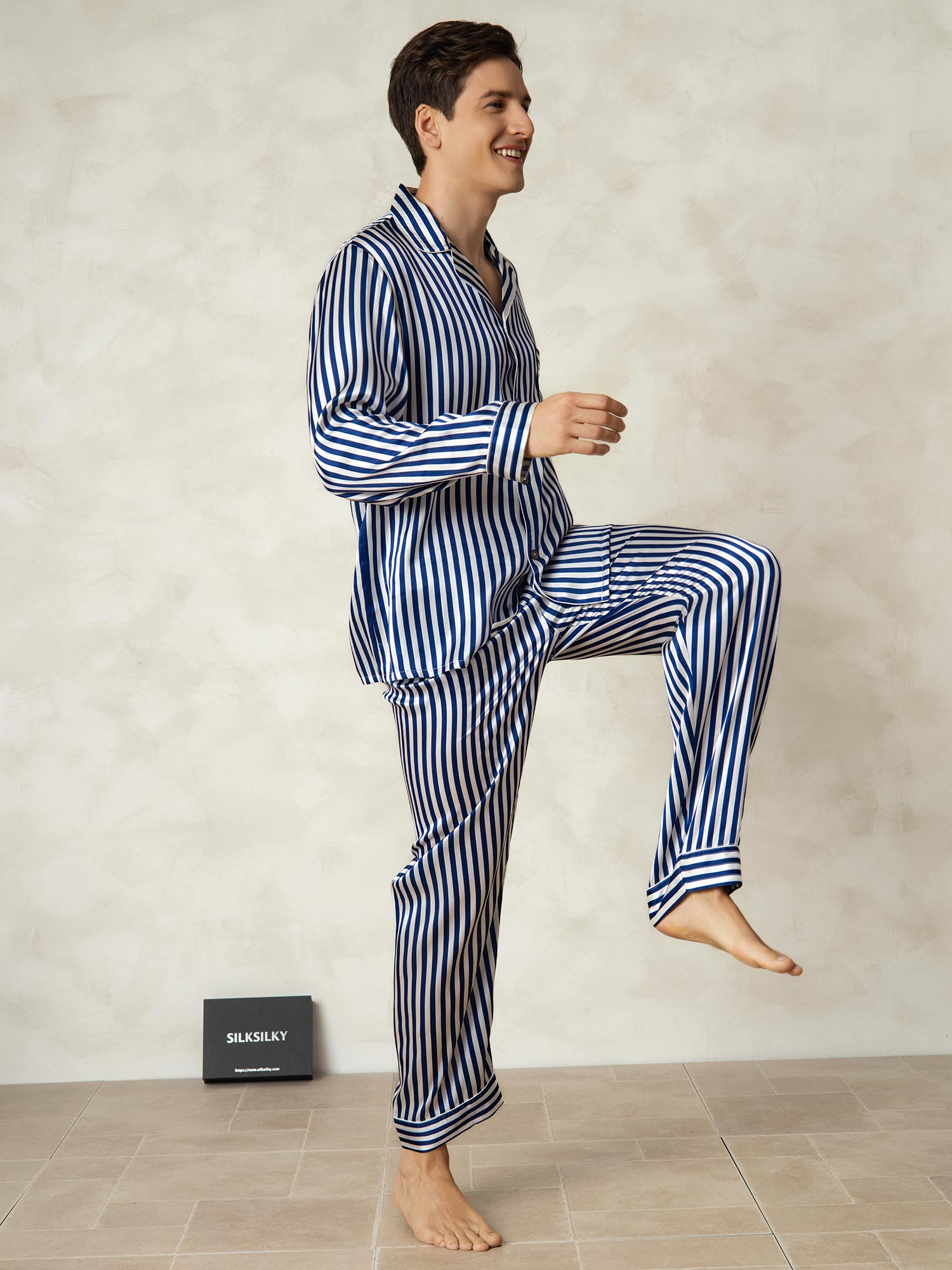 [Marine Streifen] SilkSilky-DE 19Momme Reine Seide Mens Pajamas 004