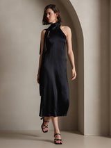 [Schwarz] SilkSilky-DE 19Momme Stretch Silk Charmeuse Sleeveless Neckholder Kleider 007