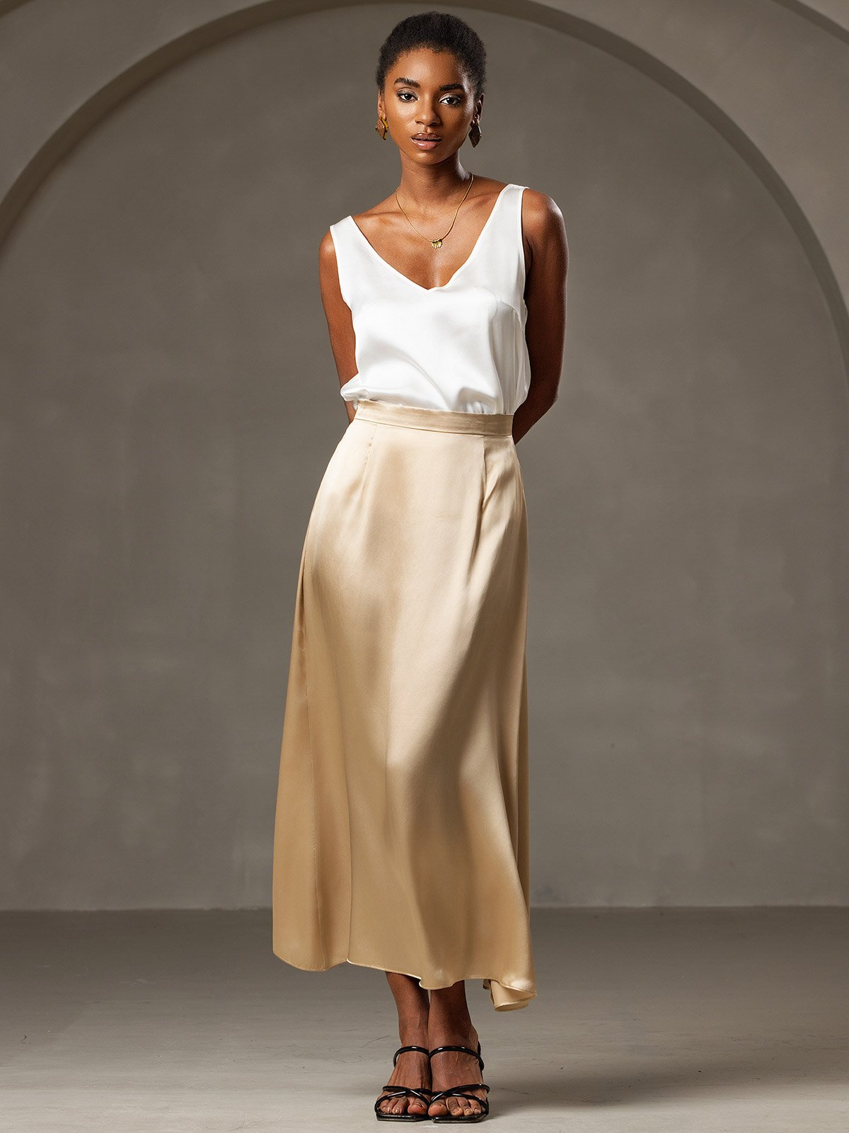 [Champagner] SilkSilky-DE 19Momme Seide Skirt 001