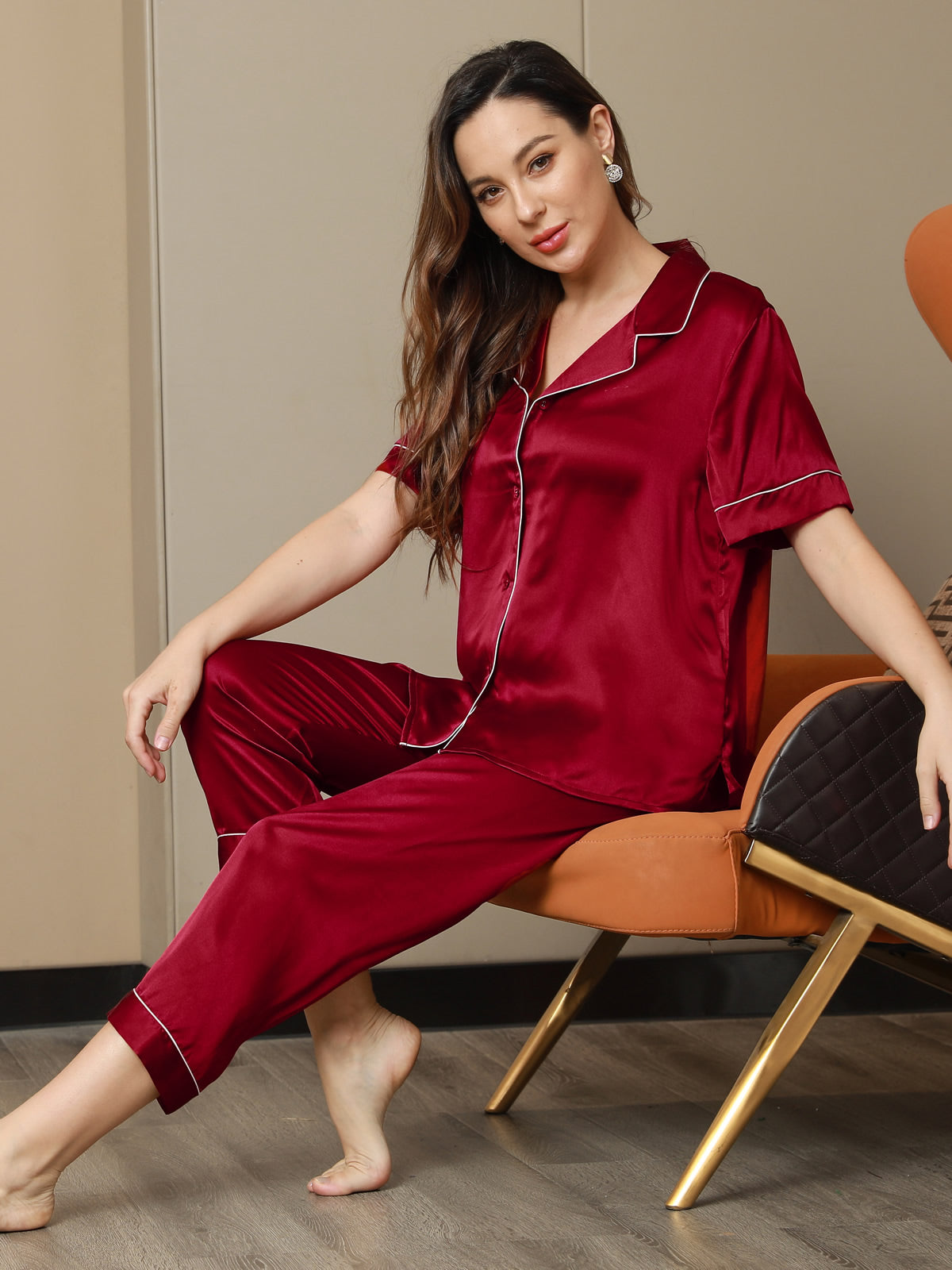 [Rotwein] SilkSilky-DE Reine Seide Kurzärmelig Revers Damen Pyjamas 003