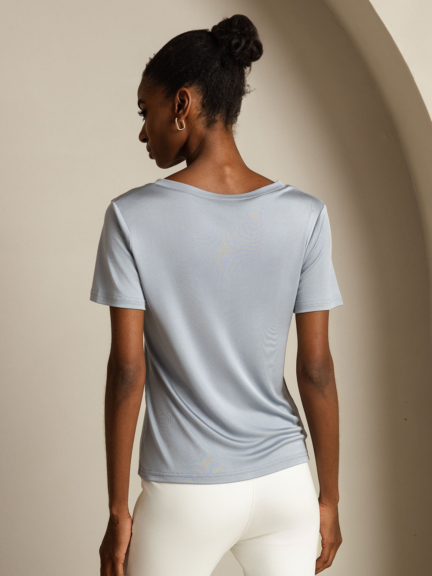 [Hellgrau] SilkSilky-DE Reine Seide V Ausschnitt T-Shirt 002