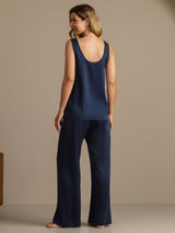 [Dunkelblau] SilkSilky-DE 19Momme Ärmellos Tiefer Rundhalsausschnitt Damen Pyjamas 002
