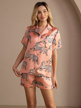[Rosa Katze] SilkSilky-DE Short Sleeve Lapel Collar Damen Pyjamas 003