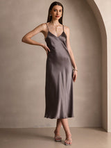 [Dunkelkhaki] SilkSilky-DE Sleeveless V Neck Kleider 005