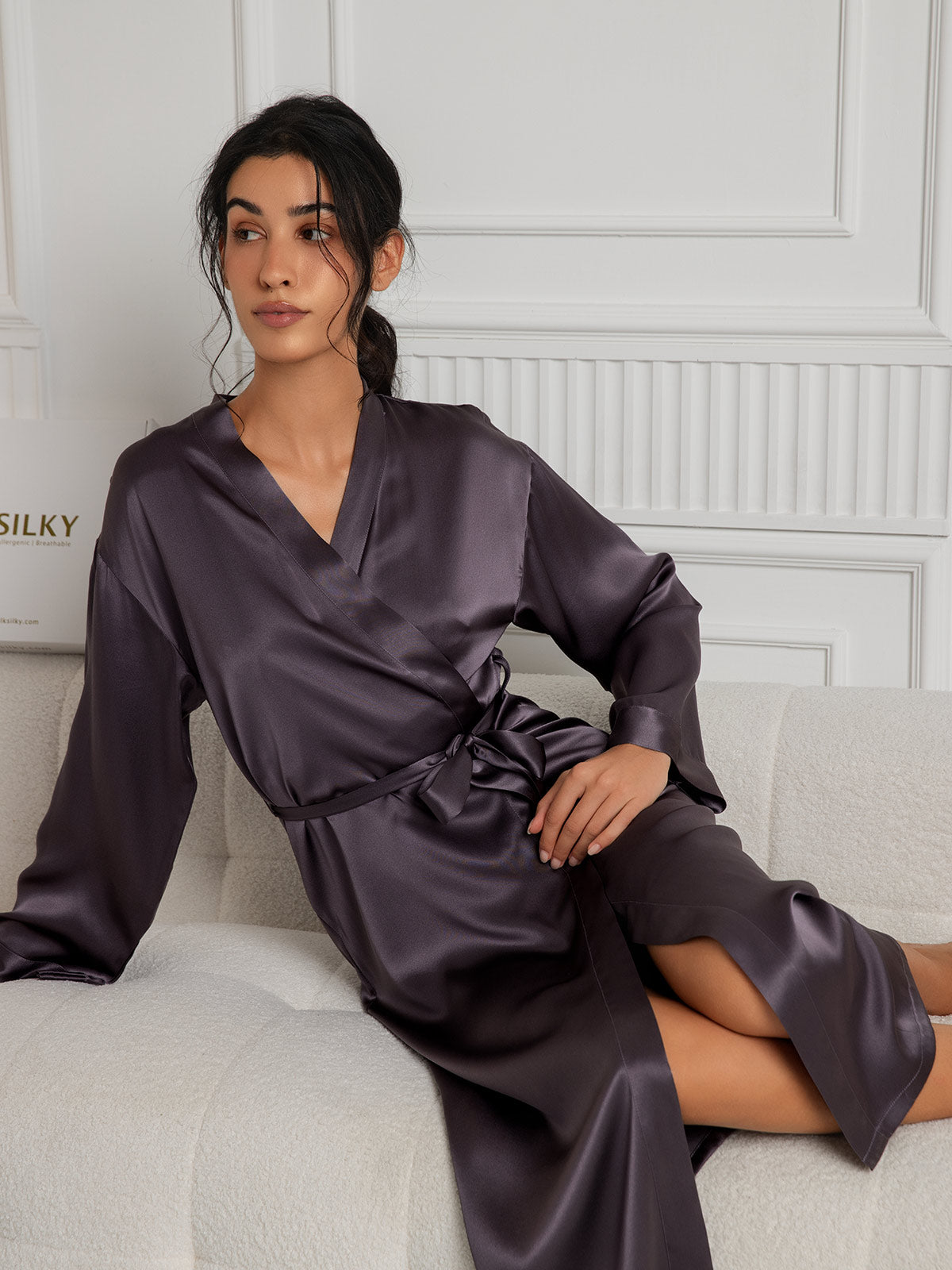 [Lila Grau] SilkSilky-DE Reine Seide Womens Robe 005