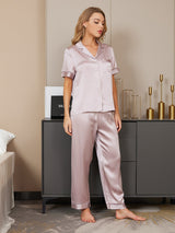 [Lavendel] SilkSilky-DE 19Momme Reine Seide Kurzärmelig Revers Damen Pyjamas 005