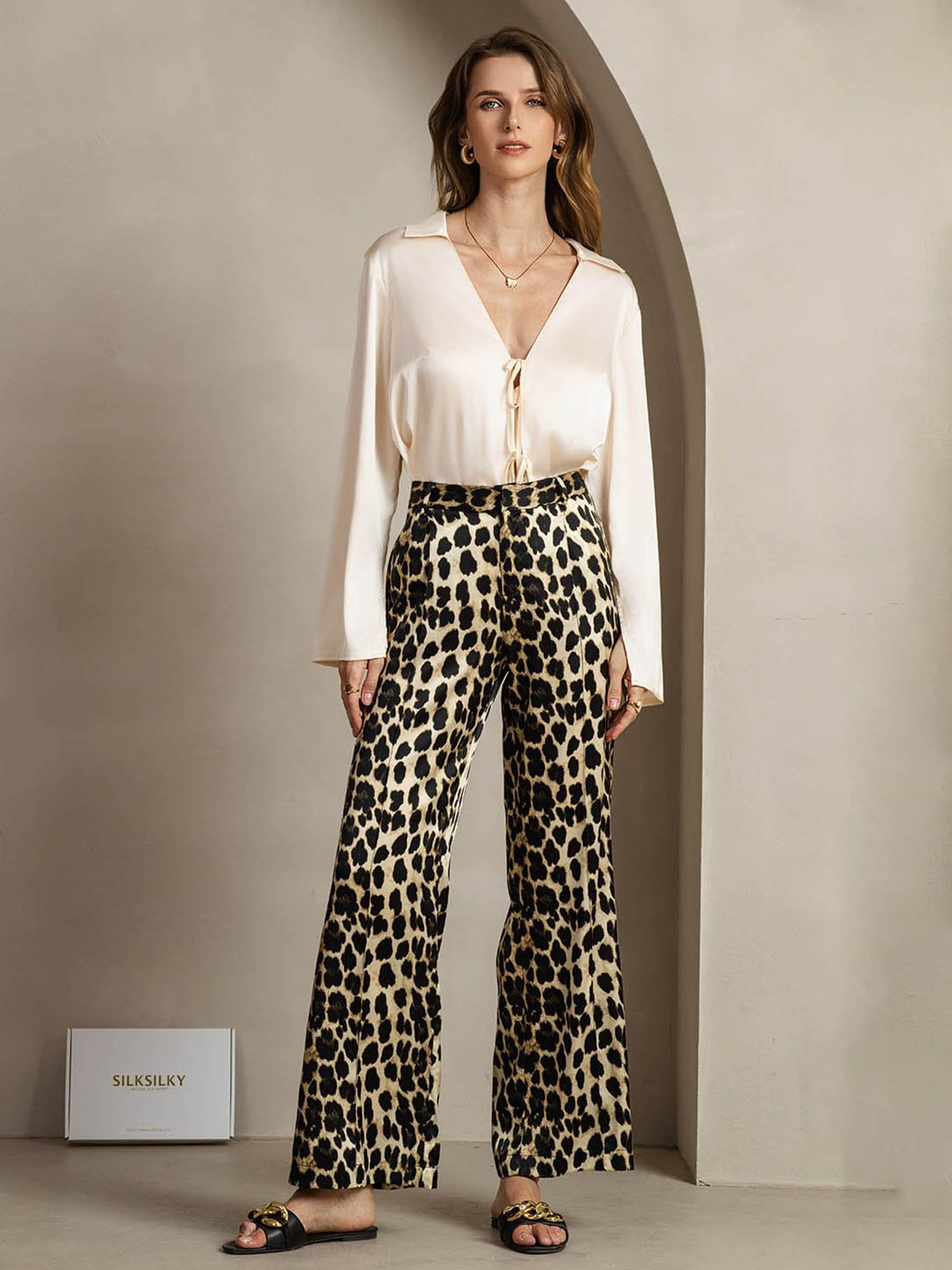 [Leopard] SilkSilky-DE 19Momme Seide Womens Pants 006