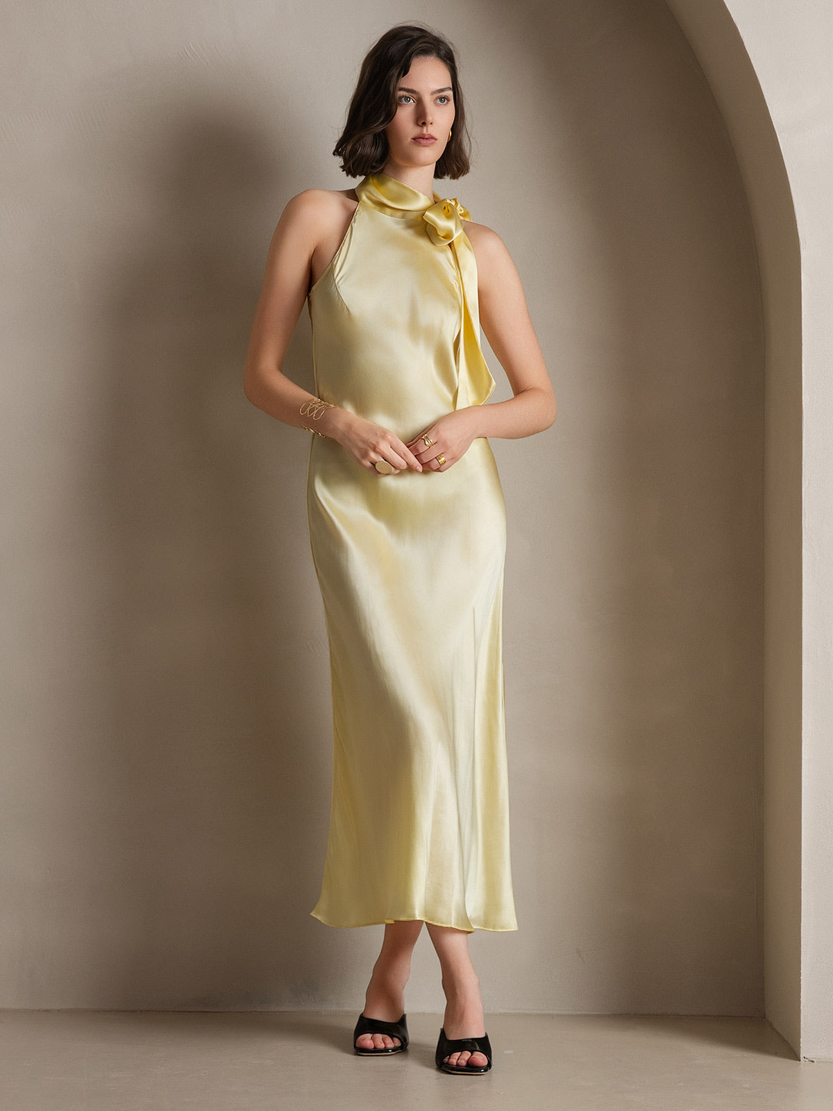 [Hellgelb] SilkSilky-DE 19Momme Seide Dress 003