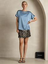 [Graublau] SilkSilky-DE 19Momme Kurzärmelig U-Boot-Ausschnitt T-Shirt 006