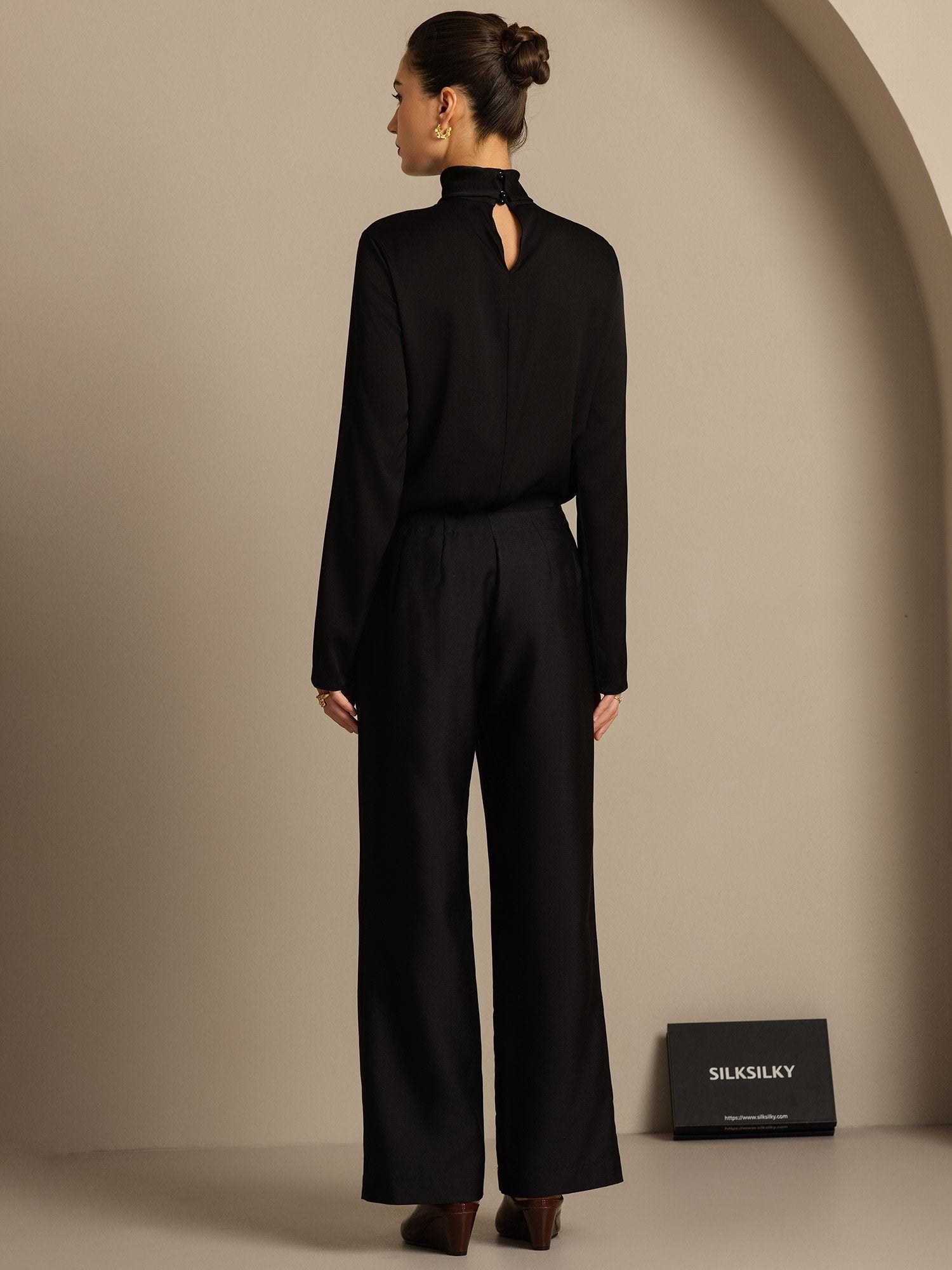 [Schwarz] SilkSilky-DE 32Momme Silk-Wool Blend Womens Pants 002,