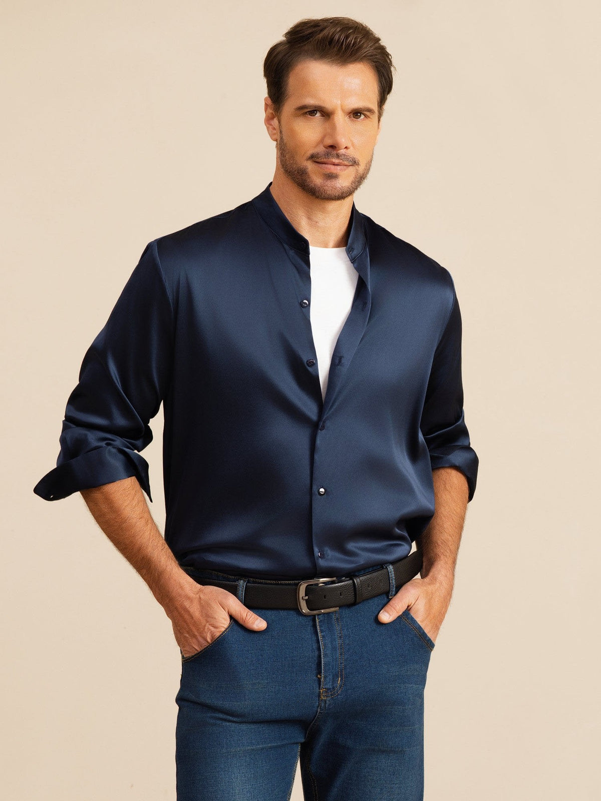 [Dunkelblau] SilkSilky-DE Long Sleeve Stand Collar Herrenhemd 001