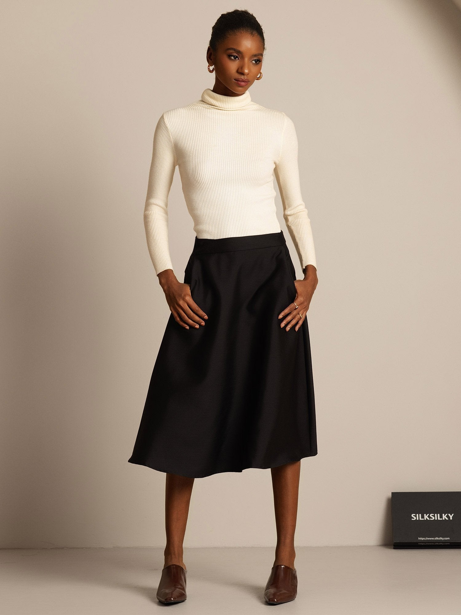 [Schwarz] SilkSilky-DE 32Momme Silk-Wool Blend Skirt 007,