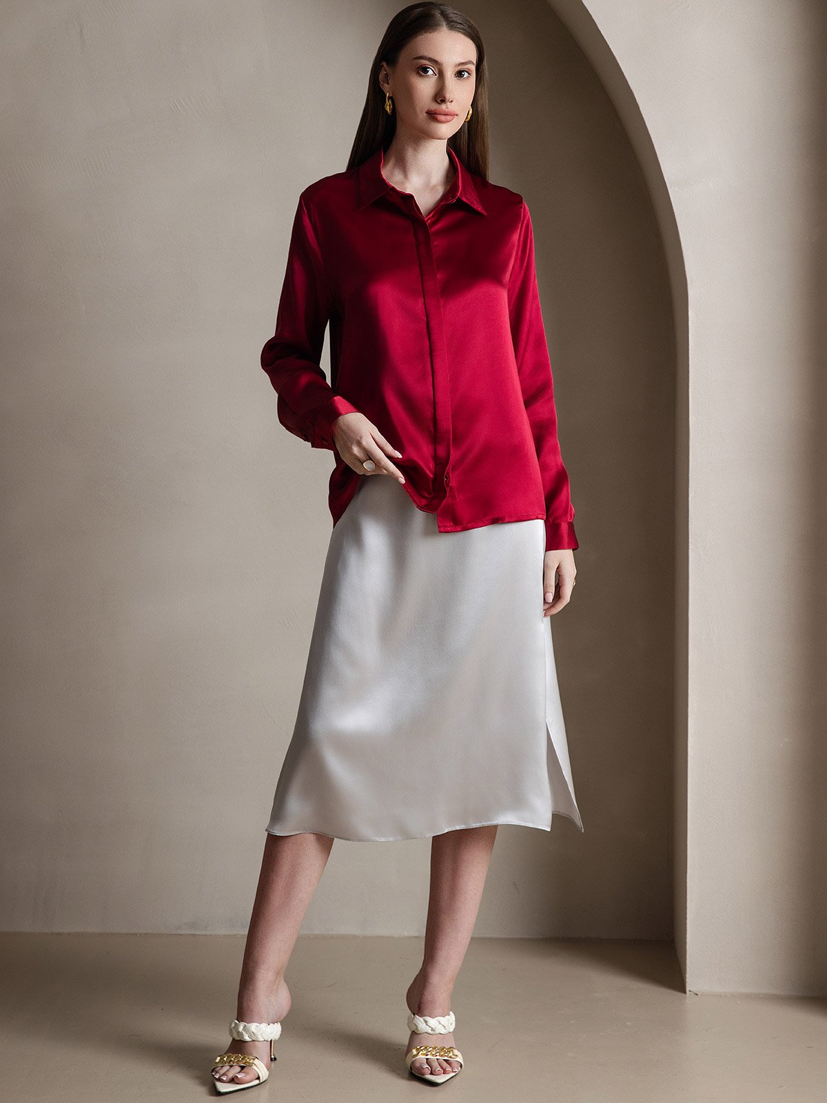 [Rotwein] SilkSilky-DE 19Momme Seide Langärmelig Umlegekragen Damenhemd 005