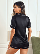 [Schwarz] SilkSilky-DE Short Sleeve Notch-Kragen Damen Pyjamas 002