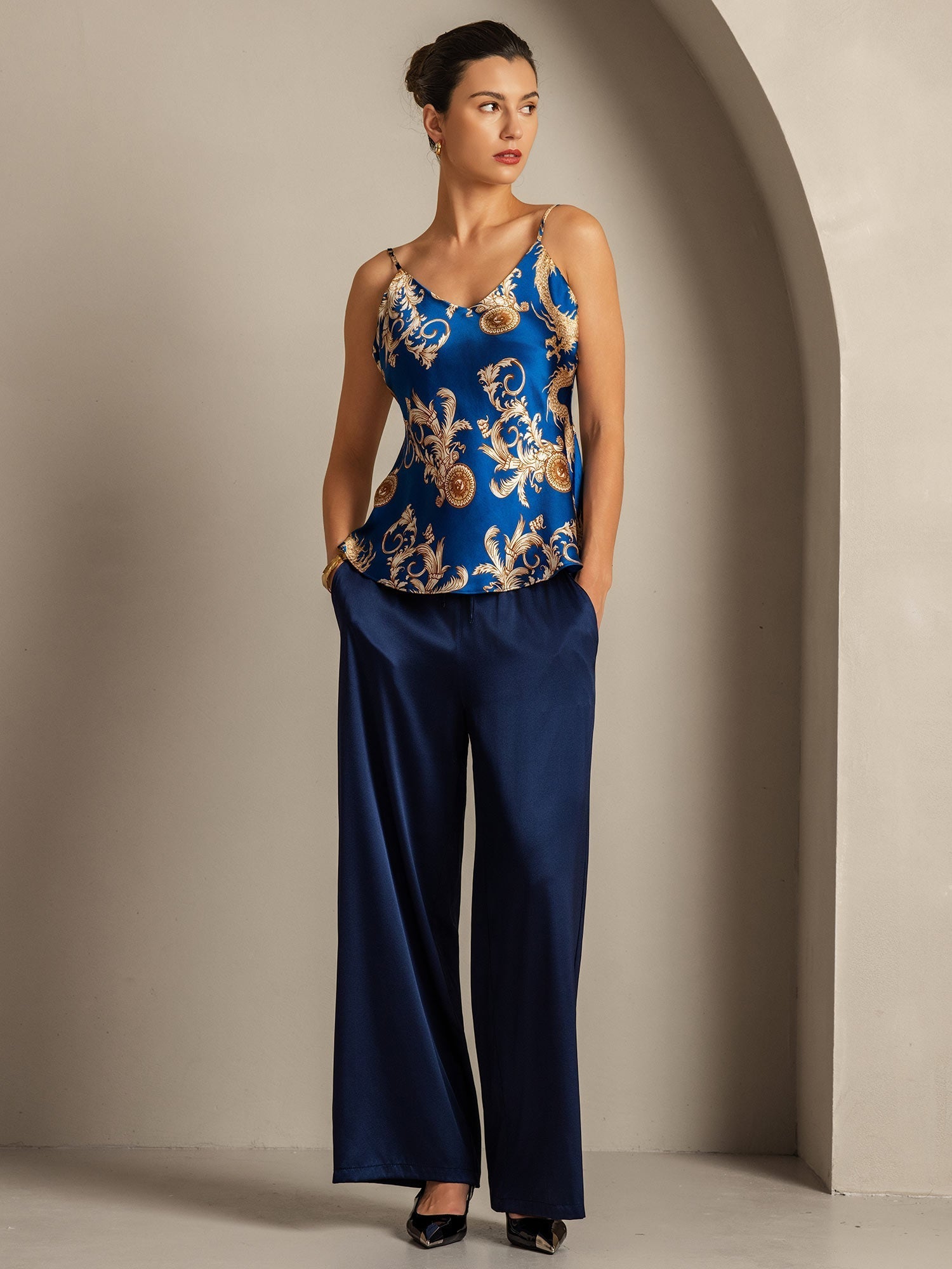 [Navy Drache] SilkSilky-DE Reine Seide V Ausschnitt Cami Top 008