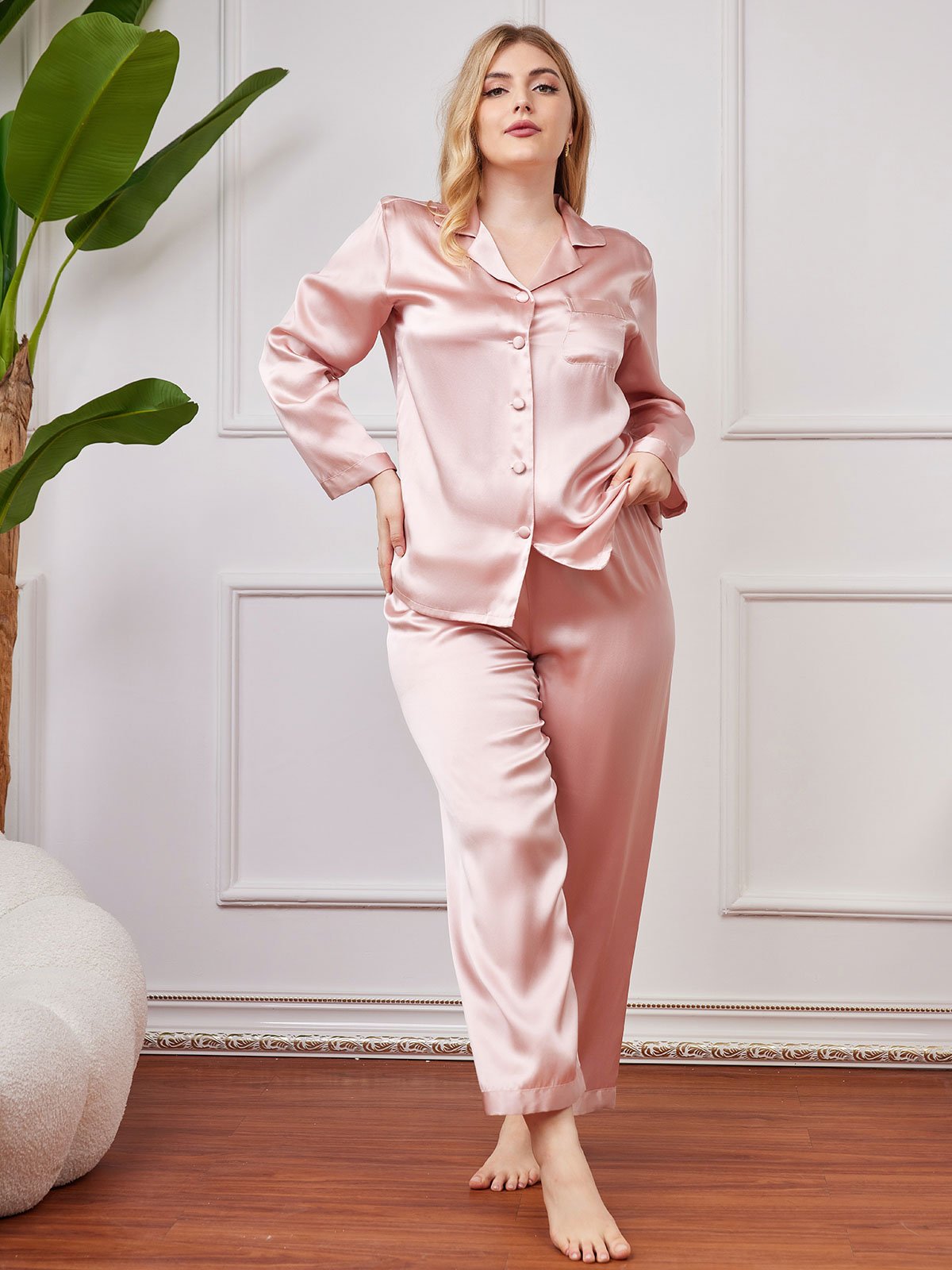 [Rosa] SilkSilky-DE Reine Seide Langärmelig Revers Damen Pyjamas Große Größen 004