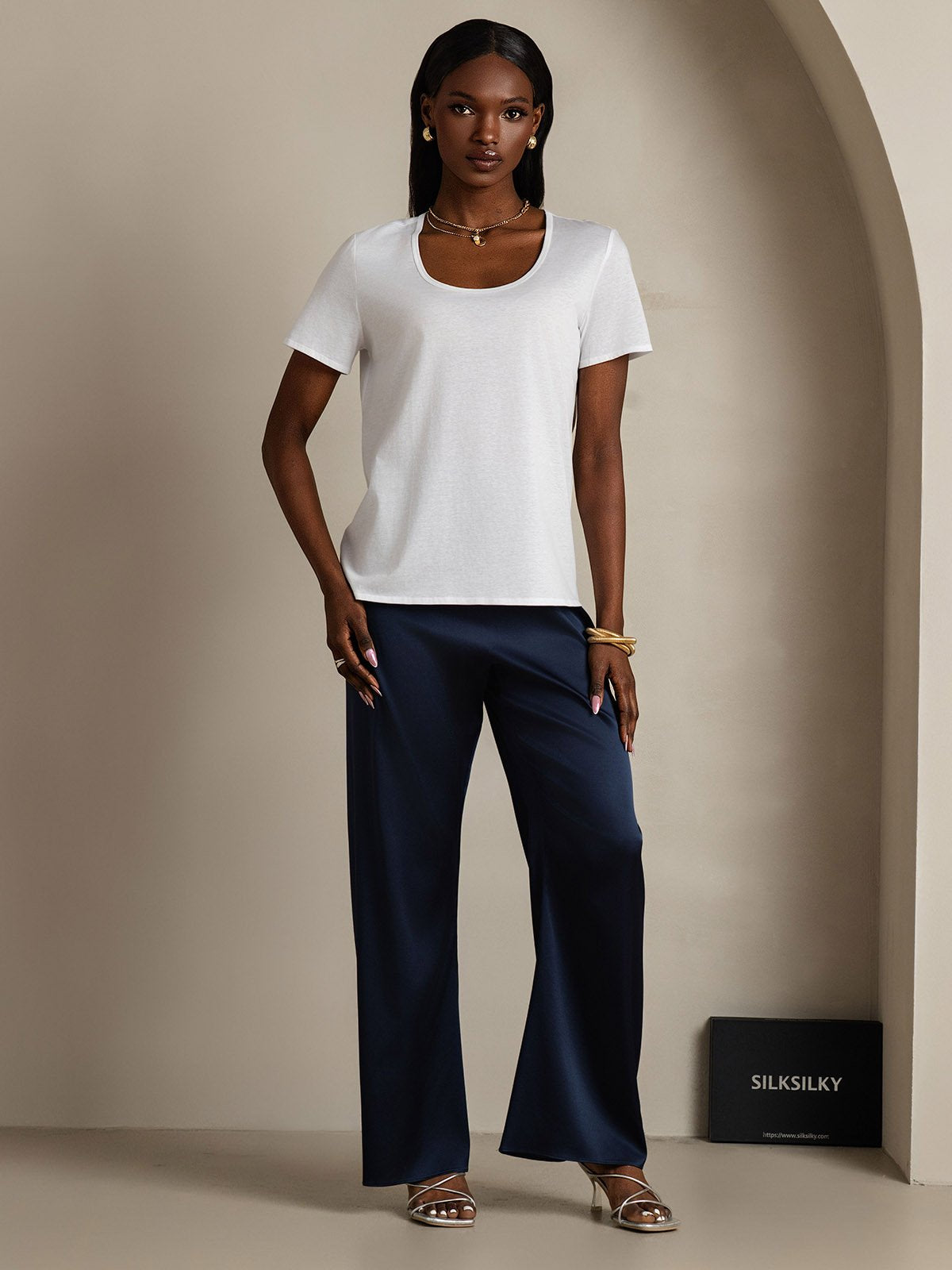 [Weiß] SilkSilky-DE Seide Kurzärmelig U Ausschnitt T-Shirt 005