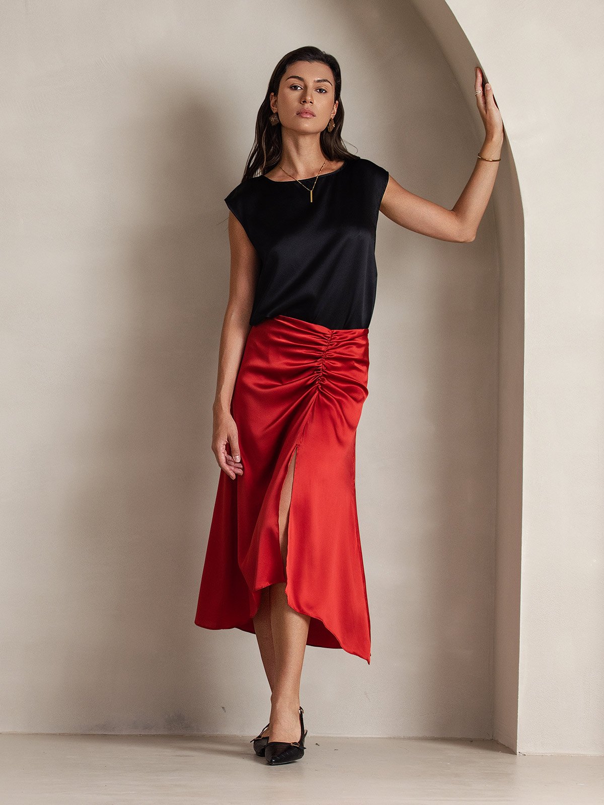[Schwarz] SilkSilky-DE 19Momme Seide Womens T-Shirt 007