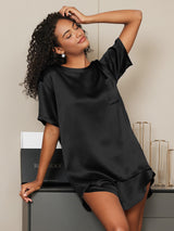 [Schwarz] SilkSilky-DE Kurzärmelig Rundhalsausschnitt Damen Pyjamas 002