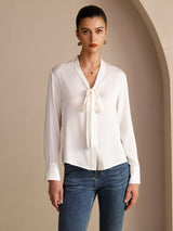 [Weiß] SilkSilky-DE Long Sleeve Tie Neck Damenblusen 001