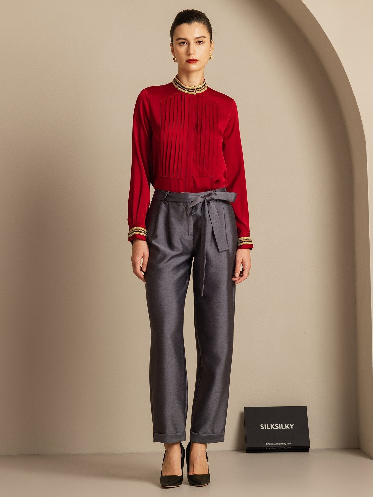 [Grau] SilkSilky-DE 32Momme Silk-Wool Blend Womens Pants 006,